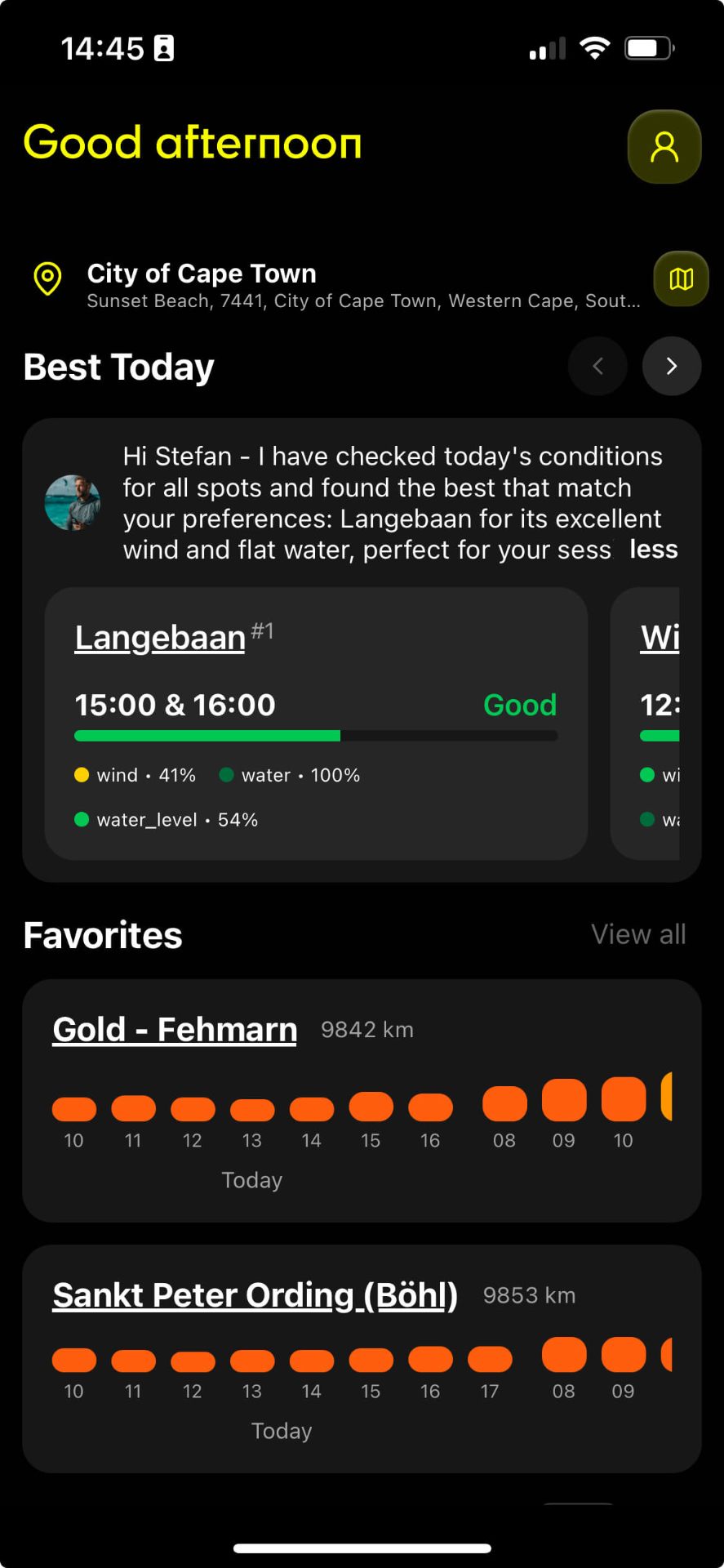 Daily Playbook app showing Best Today recommendations for Cape Town with Langebaan spot details